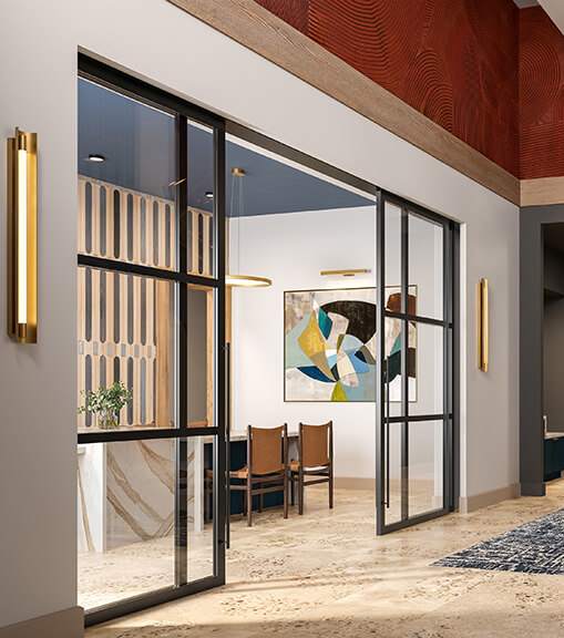 Leasing lobby at Hawkley Apartments in Milford MA