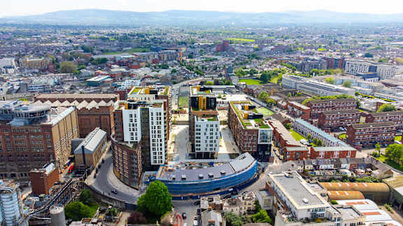 an aerial view of the city