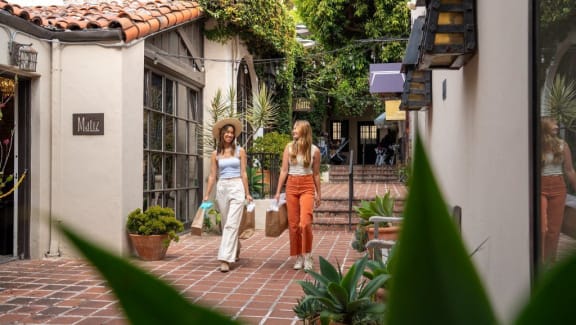 two women walking down a street with shopping bags