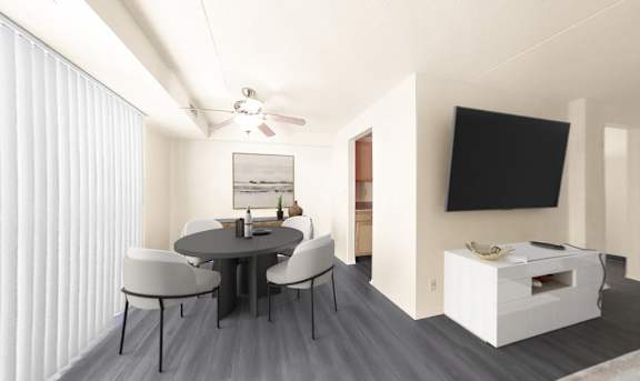Dining rooms with overhead lighting and ceiling fan