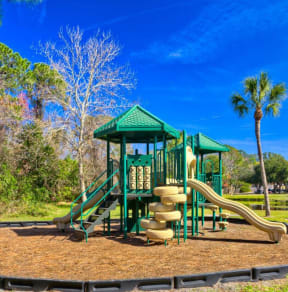 a playground with a jungle gym and slides in a park