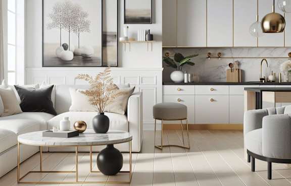 A modern living room with a white sofa, a round table, and a large painting on the wall.