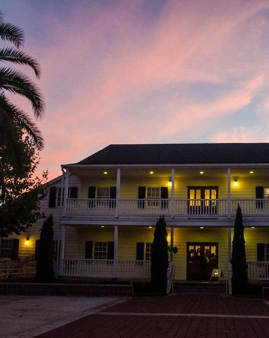 A house with a porch and palm trees in front.