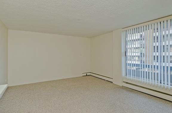 A room with a carpeted floor and a window with blinds.