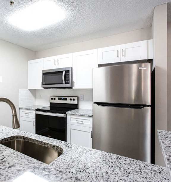 A kitchen with a granite countertop and stainless steel appliances at Ballantyne Commons of Stockbridge Apartments, Stockbridge, GA, 30281