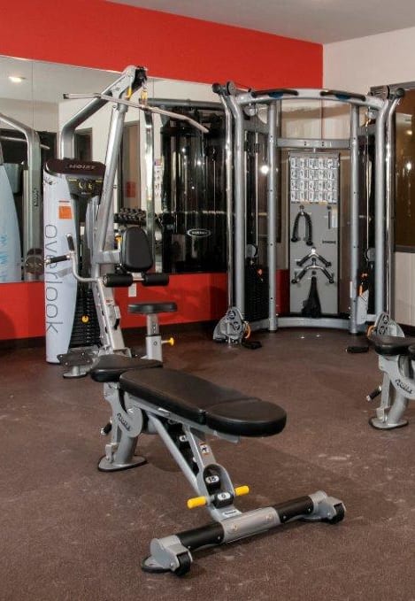 a home gym with weights and cardio equipment