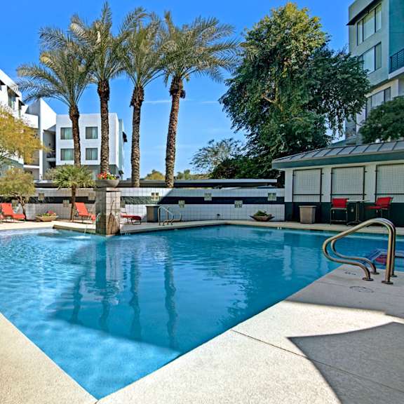A swimming pool with pool chairs, palm trees, and the apartments in the background at Acclaim Apartments. 