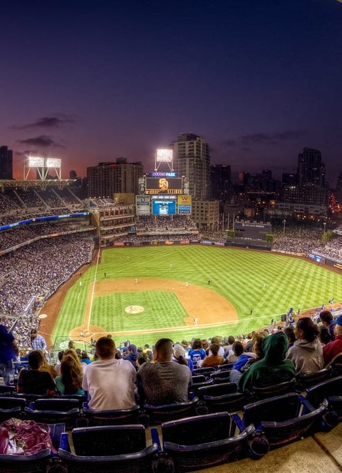 a view of a baseball stadium at night