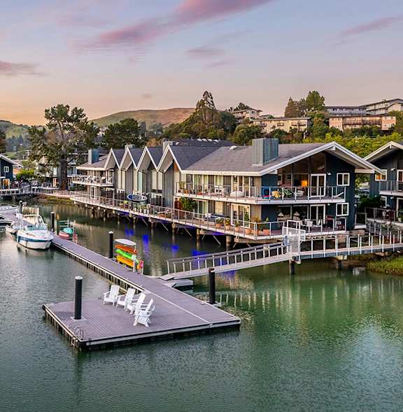 Marina at dusk at The Cove at Tiburon Apartments in Tiburon CA