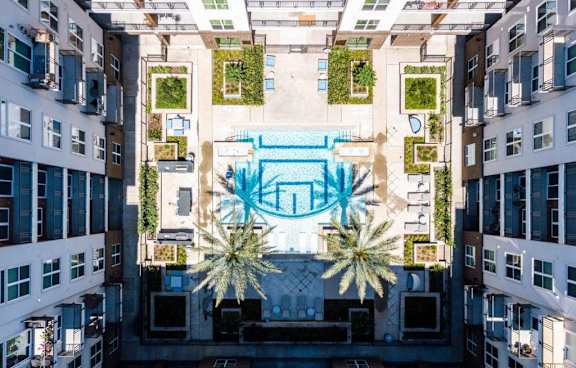 Aerial view of blue pool at 1711 Caroline, Houston, 77002