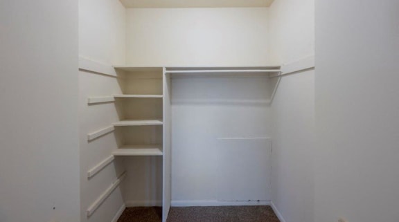 a walk in closet with shelves and a white wall