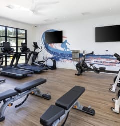 a gym with cardio equipment and a wall mural of the beach at La Jolla Blue, San Diego, California, 92122