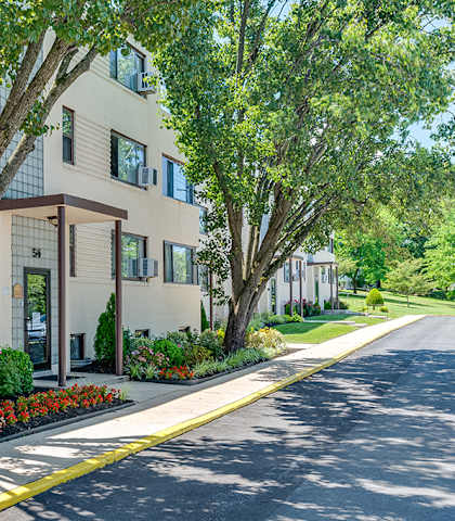 A street view of a building with a yellow line on the road.