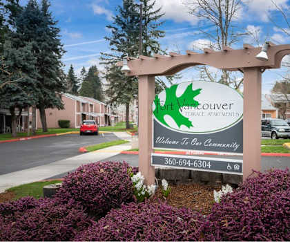 A sign for the Vancouver Apartment welcomes people to the community. at Fort Vancouver Terrace, Vancouver, WA, 98661