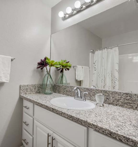 a bathroom with a sink and a mirror at Aspire Redlands, Redlands
