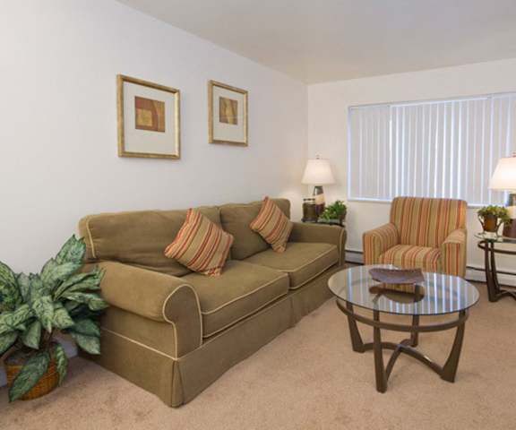 The living room with a couch, plush chairs, coffee table, decorations, and window at Hyde Park North. 