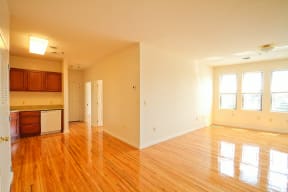 Living room and kitchen with hardwood floors