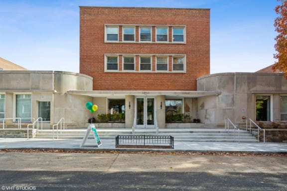 a building with a bench in front of it