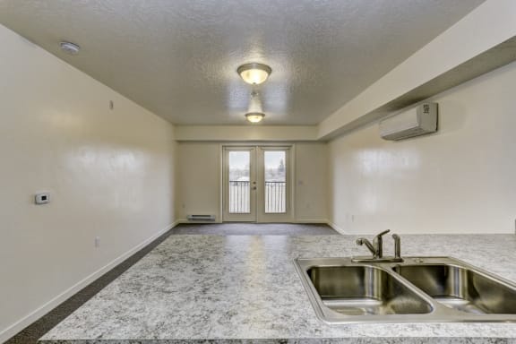 View into living room from kitchen counter