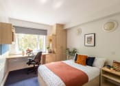 Thumbnail 1 of 8 - a bedroom with a bed a desk and a window