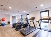 Thumbnail 7 of 8 - a gym with treadmills and other exercise equipment on a wooden floor