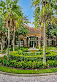 A building with a landscaped front yard and palm trees.