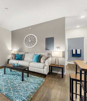 A living room with a grey couch, a wooden table, and a television.