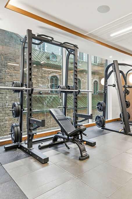 A gym with a variety of equipment including a squat rack, bench, and weights.