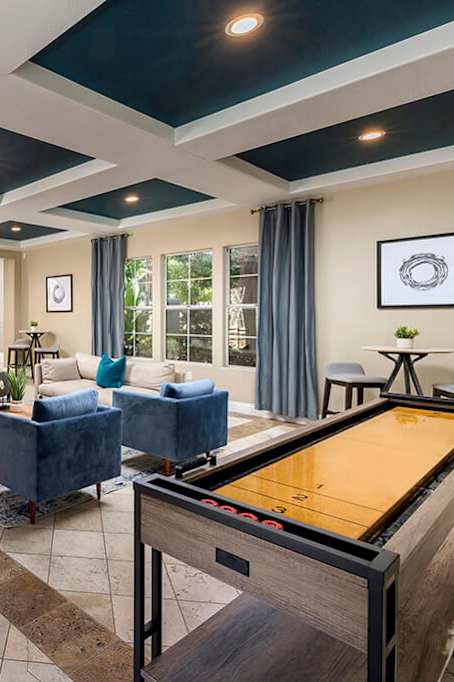 Social lounge game area at Campana Crown Valley Apartments in Mission Viejo CA