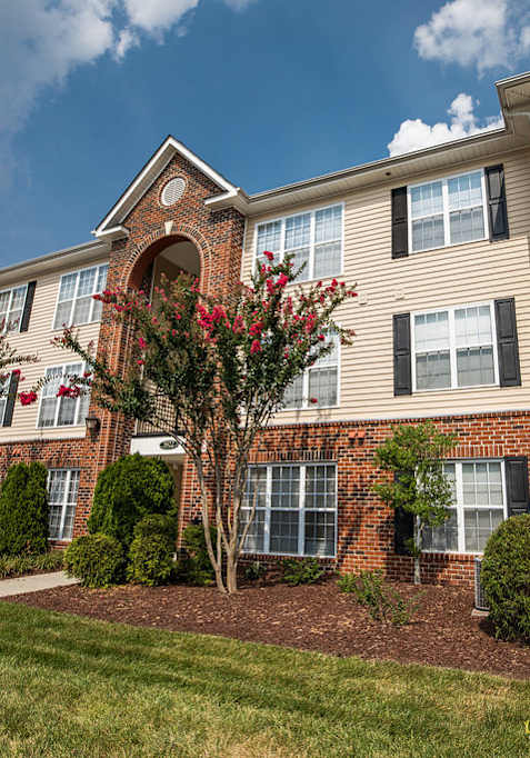 A brick building with a red flowering tree in front.