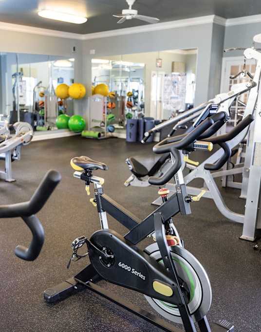 A gym with a variety of exercise equipment including treadmills, stationary bikes, and weight machines.