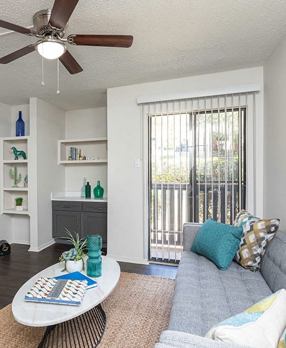 a living room with a couch and a table
