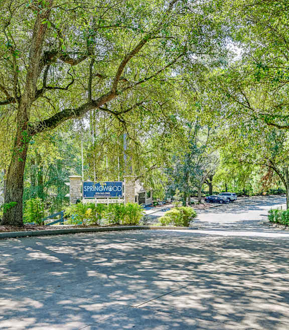 A parking lot with a building and trees in the background.