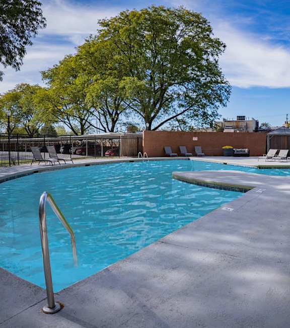 A swimming pool surrounded by trees and a fence.
