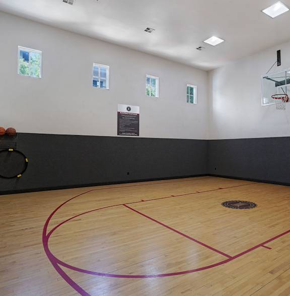 A basketball court with a wooden floor and a basketball hoop.