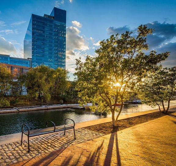 a park with a river and a tall building at 1305 Dock Street, Maryland