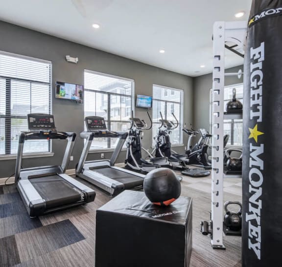 a gym with a punching bag and various exercise equipment at Watermark at Steele Crossing, Arkansas, 72703