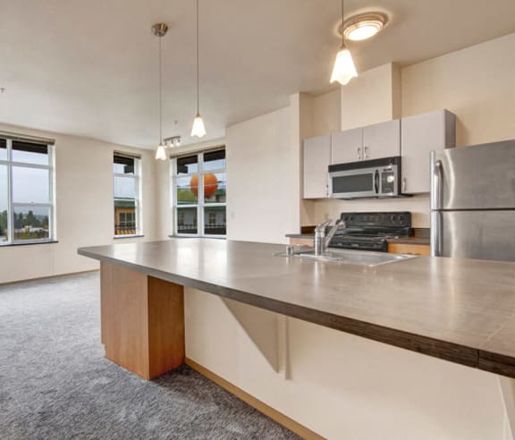 A kitchen with a large island and a view of the outdoors through the windows.