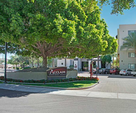 The outdoor front sign at Acclaim Apartments. 