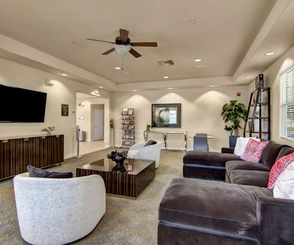 A living room filled with a couch, plush chairs, bookshelves, and a large flat screen tv at Bela Rosa Apartments. 