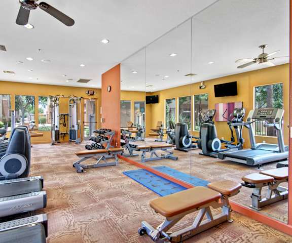 A gym with cardio machines, windows, TVs, and weights at Natura Villas Apartments. 