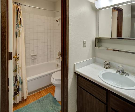 The bathroom with a sink, toilet, shower at Driftwood Apartments. 