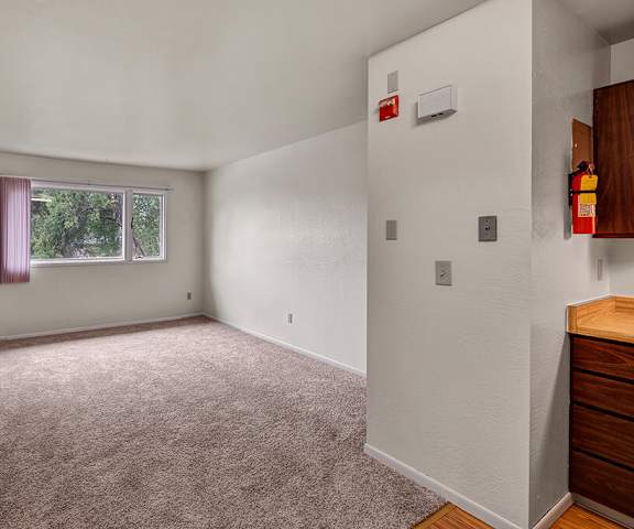 An empty living room with carpeting and window at Driftwood Apartments. 