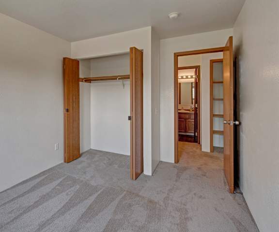 An empty carpeted bedroom with a closet and door to the hallway at the Legacy West Apartment Homes. 