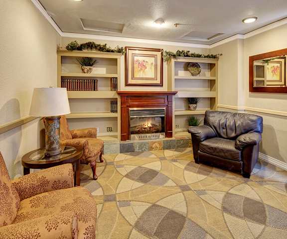 The resident lounge with a fireplace, couches, decorations, bookshelf, plush chairs, and coffee tables at Mendenhall Tower Apartments. 