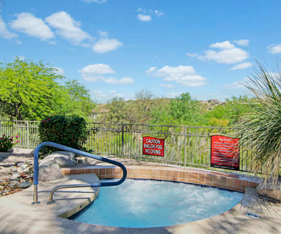 The hot tub surrounded by plants and a fence surrounding it with trees in the background at Mirador Apartments. 