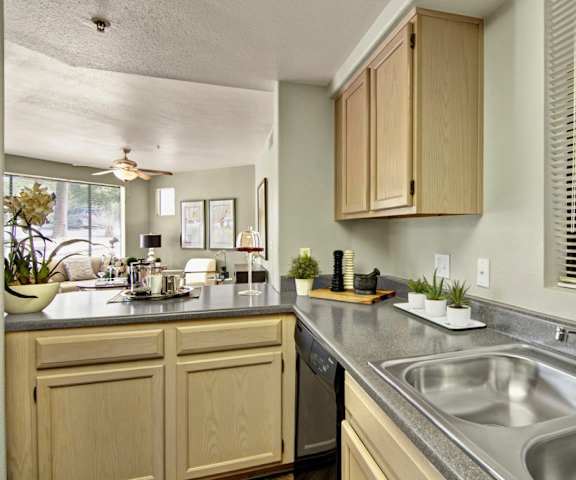 A large kitchen with black appliances, marble countertops with ample space, and spacious wooden cabinets with decorations at Mirador Apartments.