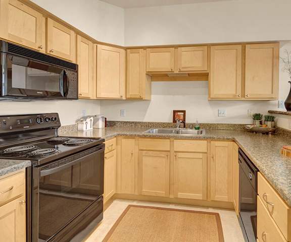 A large kitchen with black appliances, spacious marble countertops, and large wooden cabinets with decorations at Park Plaza II Apartments. 