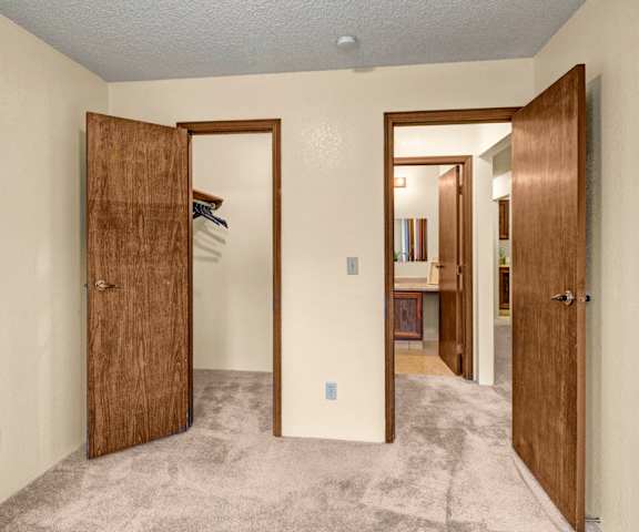 An empty carpeted bedroom with a closet and a hallway at Park Plaza Apartments. 