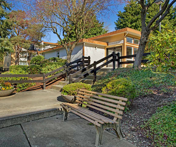 A wooden bench by a pathway surrounded by trees and shrubs with stairs to the leasing office at Soundview Apartment Homes. 